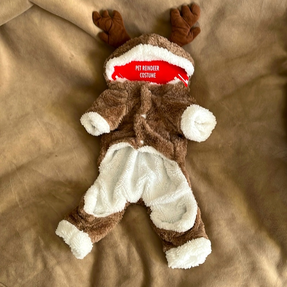 Small dog reindeer costume SUPER CUTE and FUZZY.  Back length is 10”.